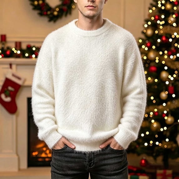 Ceisia Men's Solid Fuzzy Crew Neck Long Sleeve Knit Sweater Casual Warm Winter Pullover Top Gift