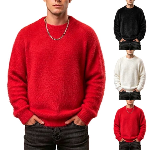 Ceisia Men's Solid Fuzzy Crew Neck Long Sleeve Knit Sweater Casual Warm Winter Pullover Top Gift