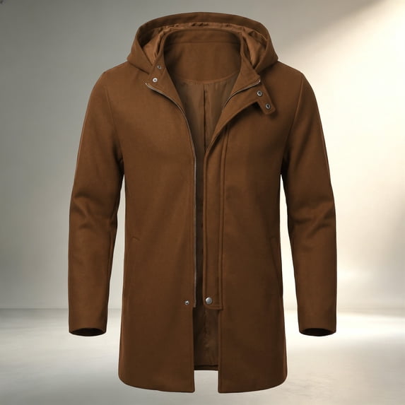 Ceisia Men's Solid Hooded Wool Blend Coat Zip Button Hybrid Windproof Long Sleeve Outerwear Gift