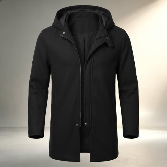 Ceisia Men's Solid Hooded Wool Blend Coat Zip Button Hybrid Windproof Long Sleeve Outerwear Gift