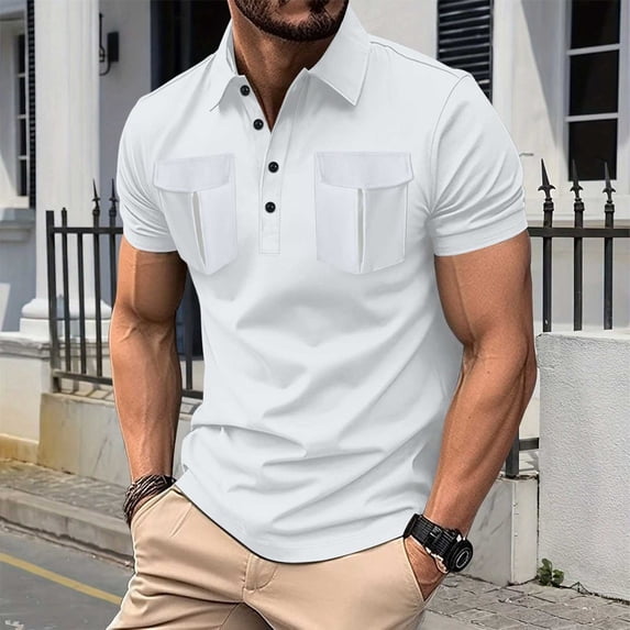 Ceisia Men's Solid Pocket Short Sleeve Camp Collar Polo Shirt Casual Cotton Button Down Top White L Gifts for Father