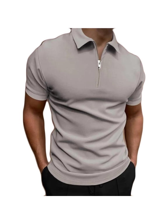 Men's Solid Short Sleeve Polo Shirt with Zip Placket Casual Performance Summer Top Gray M Gifts for Father