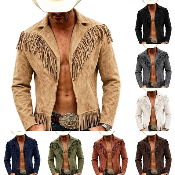 Ceisia Men's Solid Suede Fringe Trim Lapel Zip Up Long Sleeve Western Cowboy Style Outerwear Jacket Gift