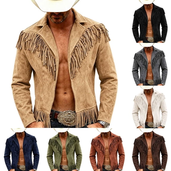 Ceisia Men's Solid Suede Fringe Trim Lapel Zip Up Long Sleeve Western Cowboy Style Outerwear Jacket Gift