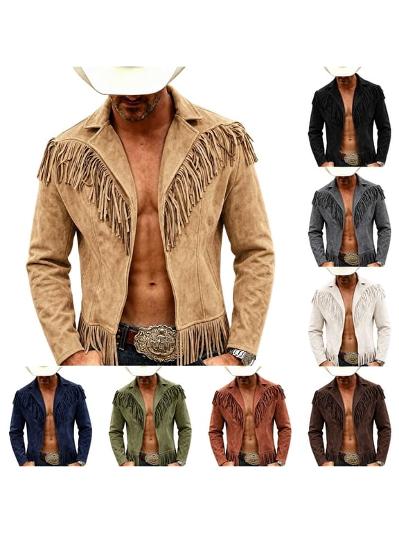 Men's Solid Suede Fringe Trim Lapel Zip Up Long Sleeve Western Cowboy Style Outerwear Jacket Gift