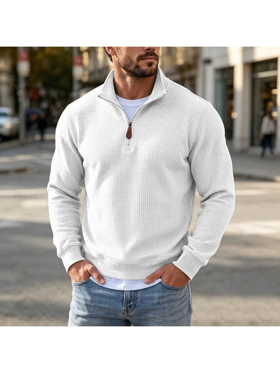 Men's Solid Waffle Knit Quarter Zip Pullover Long Sleeve Stand Collar Casual Sweater Top For Daily Layering Gift