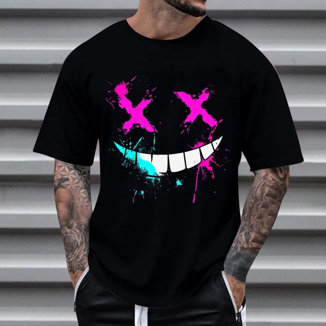 Suuner Splash Ceisia Men's Splash Ink X Eyes Grinning Face Graphic Short Sleeve T ...