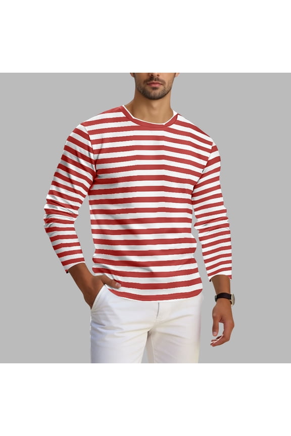 Men's Spring Fall Casual Regular Fit Crew Neck Long Sleeve T-Shirt Multi-Color Striped Cotton-Like Jersey Stretch Fabric Wine M Gifts