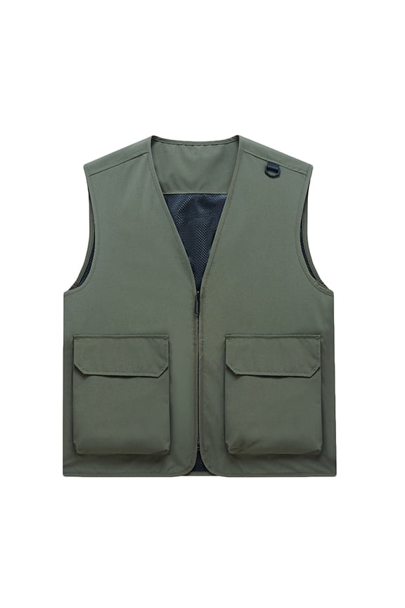 Men's Spring Summer Casual Loose Fit Utility Vest Multi-Pocket V-Neck Zipper Sleeveless Vest Pre-Shrunk Cool Silk Cotton Fabric Army Green L Gifts
