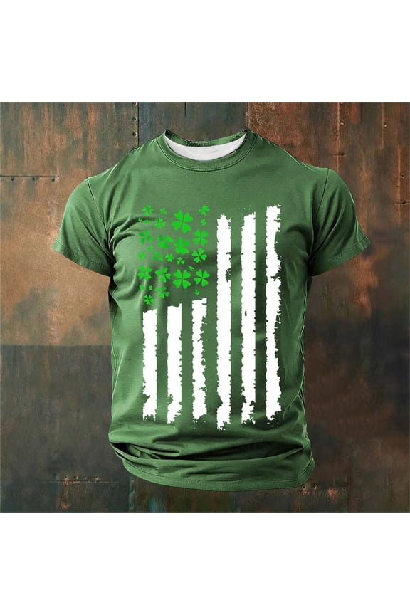 Men's St. Patrick's Day American Flag Shamrock T-Shirt | Short Sleeve Crew Neck Casual Tee Gifts