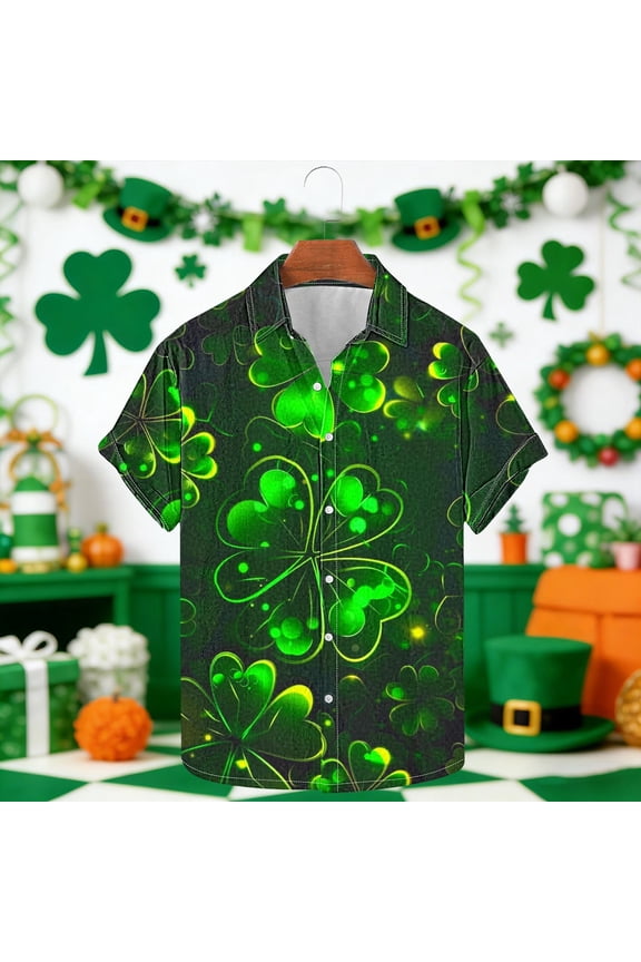 Men's St. Patrick's Day Halo Four-Leaf Clover Print Short Sleeve Turndown Collar Stretch Casual Shirt Dark Gray L Gifts