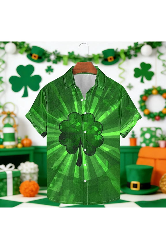 Men's St. Patrick's Day Radial Glow Clover Print Stretch Short Sleeve Shirt Mint Green M Gifts
