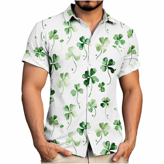 Ceisia Men's St. Patrick's Day Short Sleeve Shirt Clover Print Regular Straight Fit Green Turn-Down Collar Spring Summer Shirt Gift