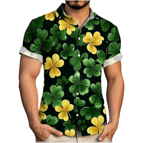 Ceisia Men's St. Patrick's Day Short Sleeve Shirt Clover Print Regular Straight Fit Green Turn-Down Collar Spring Summer Shirt Gift