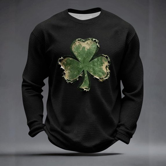 Ceisia Men's St. Patrick's Day Vintage Four-Leaf Clover Crewneck | Waffle Knit Relaxed Long-Sleeve Casual Top Gift