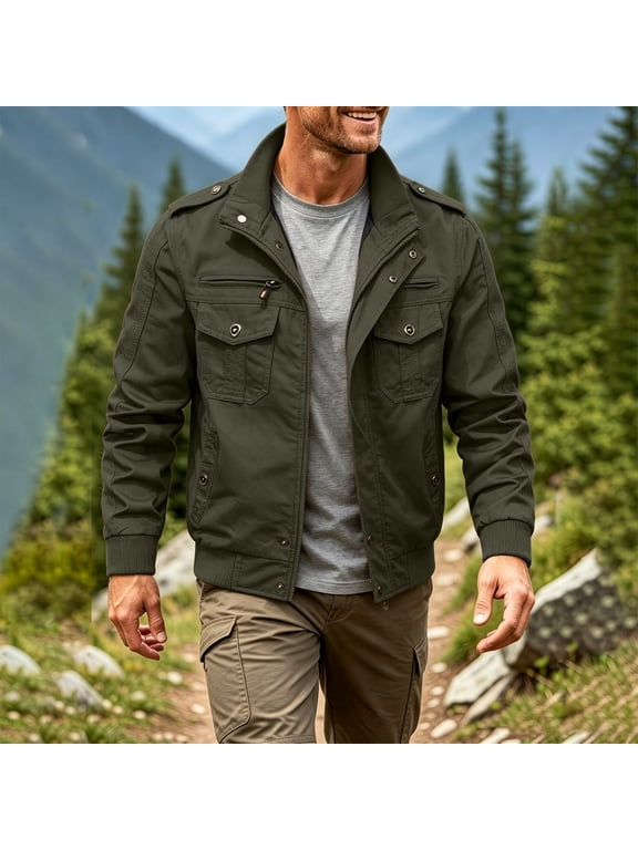 Men's Stand Collar Zip Up Military Field Jacket Multi Pocket Long Sleeve Casual Work Outer Coat For Men Gift