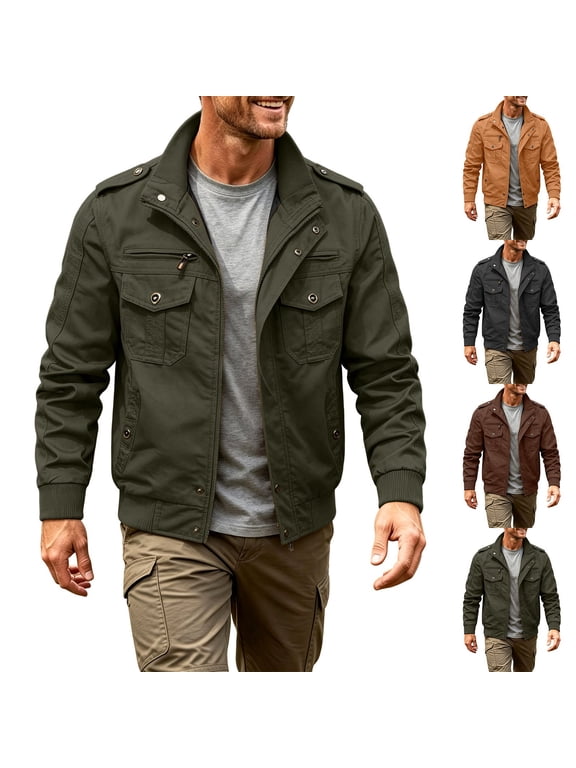 Men's Stand Collar Zip Up Military Field Jacket Multi Pocket Long Sleeve Casual Work Outer Coat For Men Gift