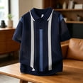 thumbnail image 1 of Ceisia Men's Striped Knit Polo Shirt Short Sleeve Button Collar Textured Fabric for Casual and Smart Wear Navy XL Gifts for Father, 1 of 5