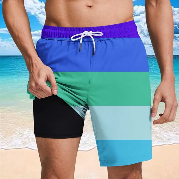 Ceisia Men's Striped Print Lined Drawstring Elastic Waist Swim Trunks with Pockets Quick Dry Beach Shorts Summer Casual Surf Board Bottoms Mesh Lining Sky Blue XXL Gifts for Father