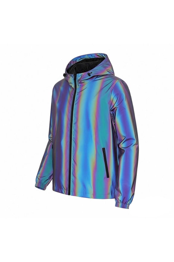Men's Striped Print Reflective Jacket Night Glow Lightweight Hip Hop Streetwear Casual Spring Coat Black XL Gifts for Father