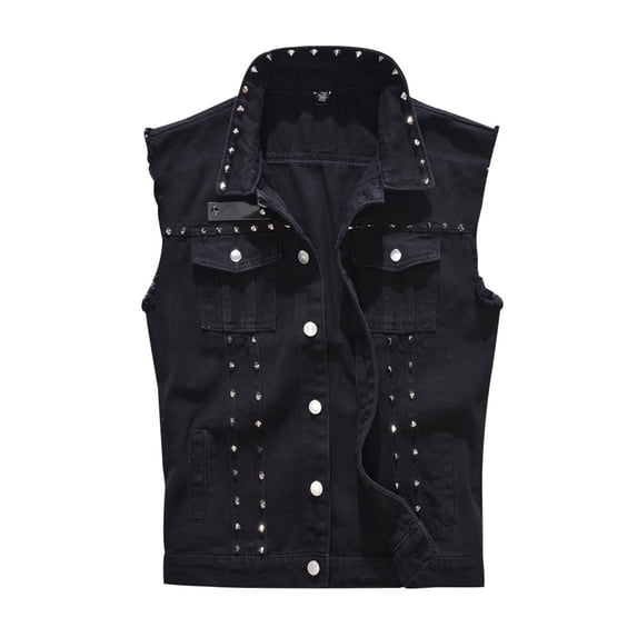 Ceisia Men's Studded Denim Vest Sleeveless Punk Rock Style Button Up Jacket with Pockets Black XXXL Big & Tall Gifts for Father