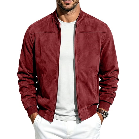 Ceisia Men's Suede Bomber Jacket Stand Collar Full Zip Long Sleeve Casual Solid Outerwear Coat Red S Gift