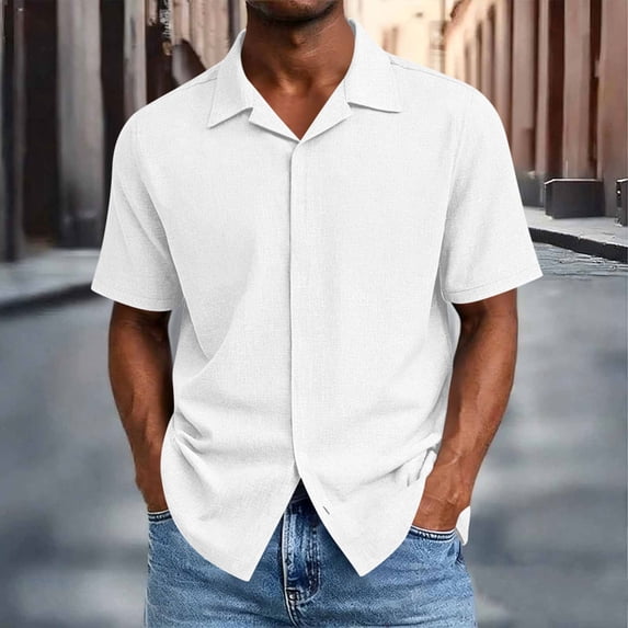 Ceisia Men's Summer Casual Button Down Shirt Short Sleeve Solid Color Cuban Collar Business Blouse White XXXL Gift