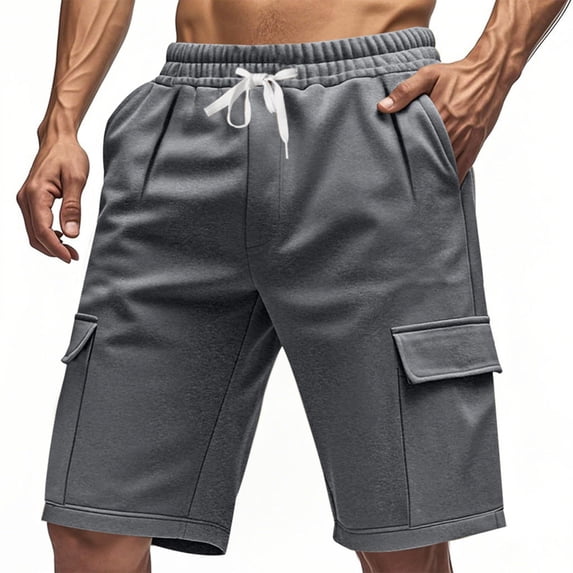 Ceisia Men's Summer Casual Solid Color Cargo Shorts Elastic Waist Drawstring Multi Pocket Fashion Pants Gifts for Father Gray L