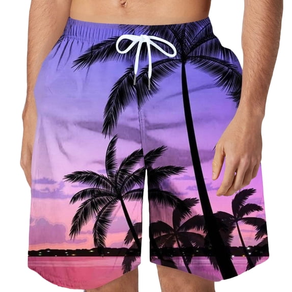 Ceisia Men's Summer Hawaiian Coconut Tree Print Drawstring Waist Shorts with Pockets Elastic Waistband Quick Dry Lightweight Beach Swim Trunks Casual Loose Fit Hot Pink XXL Gifts for Father