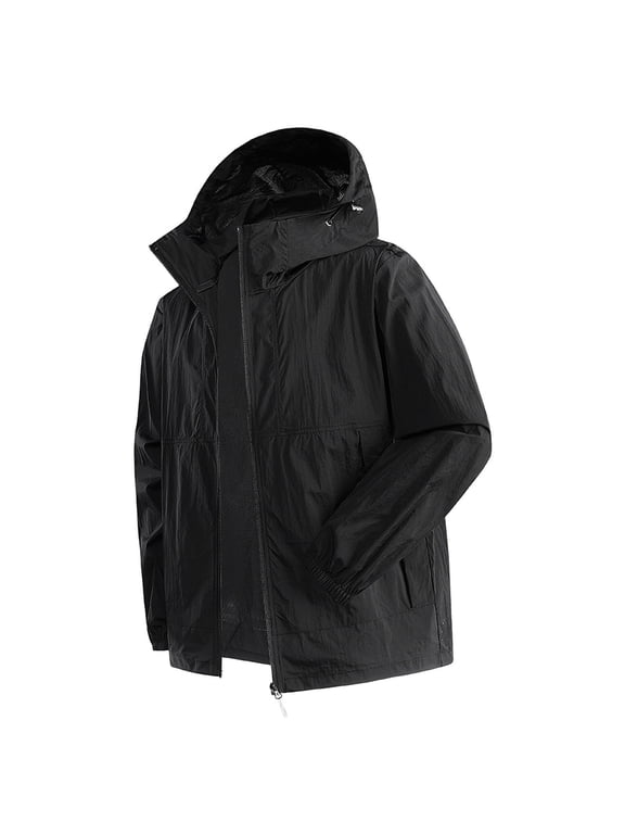Men's Summer Ice Silk Fishing Hooded Sun Protection Jacket Solid Color Long Sleeve Outdoor Casual UV Coat with Pockets Black Gifts for Father 3X