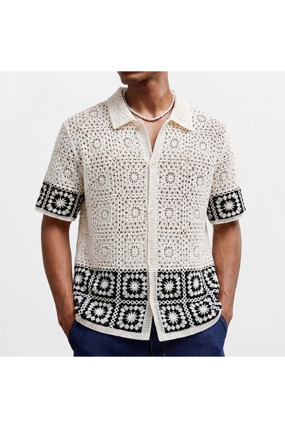 Men's Summer Lightweight Geometric Patchwork Open Knit Short Sleeve Button Down Cardigan for Casual and Vacation Wear Multicolor XXL Gifts