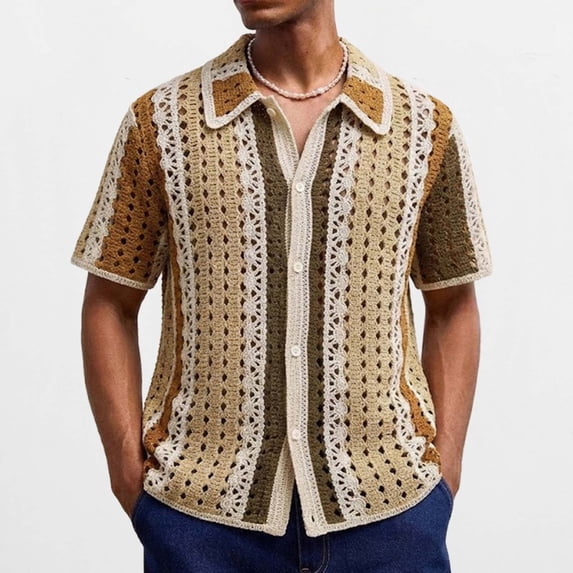 Ceisia Men's Summer Lightweight Retro Stripe Open Knit Short Sleeve Button Down Cardigan for Casual and Vacation Wear Multicolor M Gifts