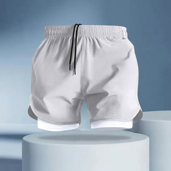Ceisia Men's Summer Solid Color Double-Layer Gift Running Shorts - Breathable Quick-Dry Fitness Drawstring Elastic Waist Shor ts