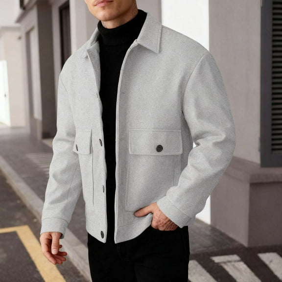 Ceisia Men's Turndown Collar Functional Pockets Solid Color Jacket - 50%Wool-50%Polyester for Daily & Outdoor Wear Gift