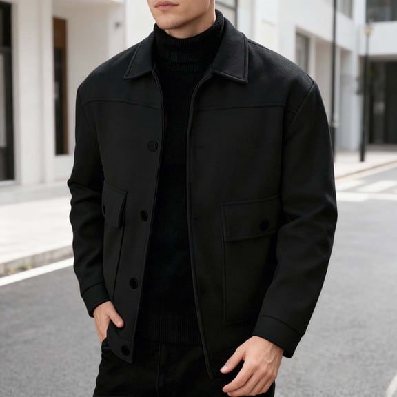 Ceisia Men's Turndown Collar Functional Pockets Solid Color Jacket - 50%Wool-50%Polyester for Daily & Outdoor Wear Gift