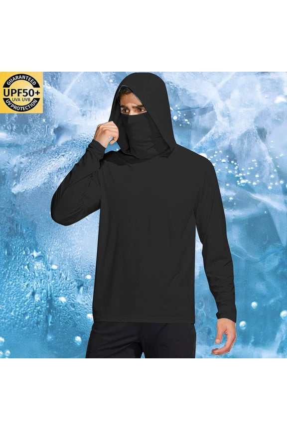 Men's UPF 50+ Long Sleeve Hoodie Sun Protection Shirt Lightweight Breathable Solid Summer Fishing Mask Hooded Jacket Outdoor Hiking Gear Gifts for Father