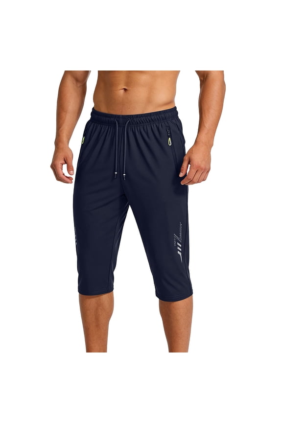Men's Up to 8XL Plus Size 3/4 Athletic Pants Solid Color Elastic Waist Cropped Pants with Zipper Pockets & Reflective Strips Gifts