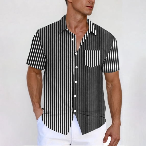 Ceisia Men's Vertical Striped Short Sleeve Button Down Camp Shirt with Pocket Casual Summer Top Black XXL Gifts for Father