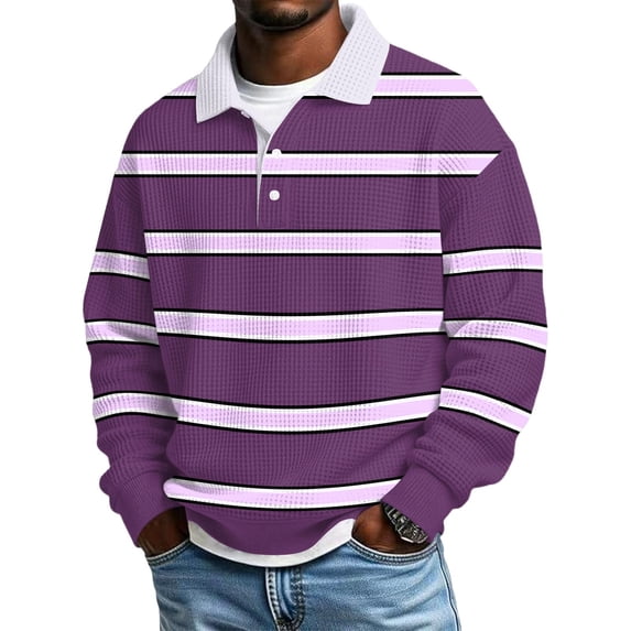 Ceisia Men's Vintage Waffle Knit Polo Sweater | Loose Drop-Shoulder Color Block Striped Long Sleeve Pullover Gifts