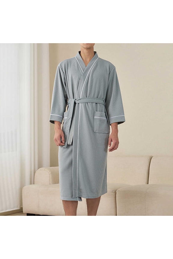 Men's Waffle Knit Bath Robe Shawl Collar Belted Soft Lightweight Loungewear Green XL Gifts for Father