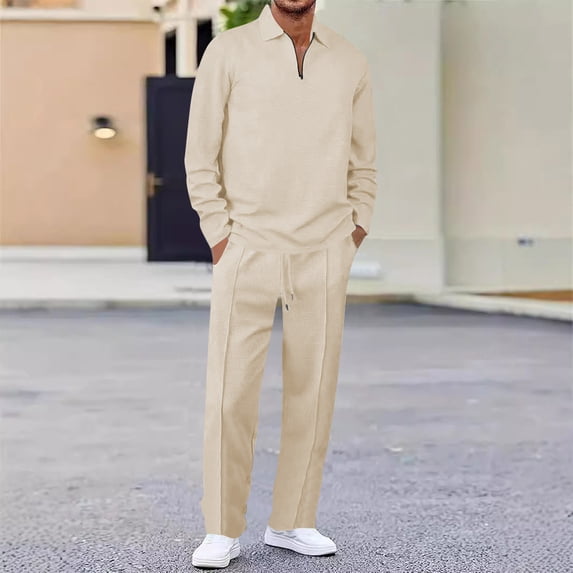 Ceisia Men's Waffle Knit Quarter Zip Long Sleeve Polo Shirt and Drawstring Waist Pants 2 Piece Casual Athletic Tracksuit Set Multiple Colors (Khaki XXXL) Gift