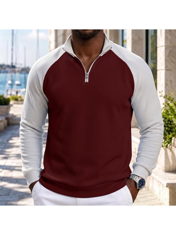 Men's Waffle Knit Quarter Zip Pullover Long Sleeve Raglan Mock Neck Color Block Casual Sweatshirt Gift