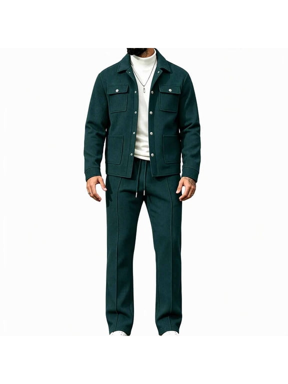 Men's Waffle Knit Two Piece Outfit Lapel Collar Button Jacket And Drawstring Pants Matching Suit Green S Gift