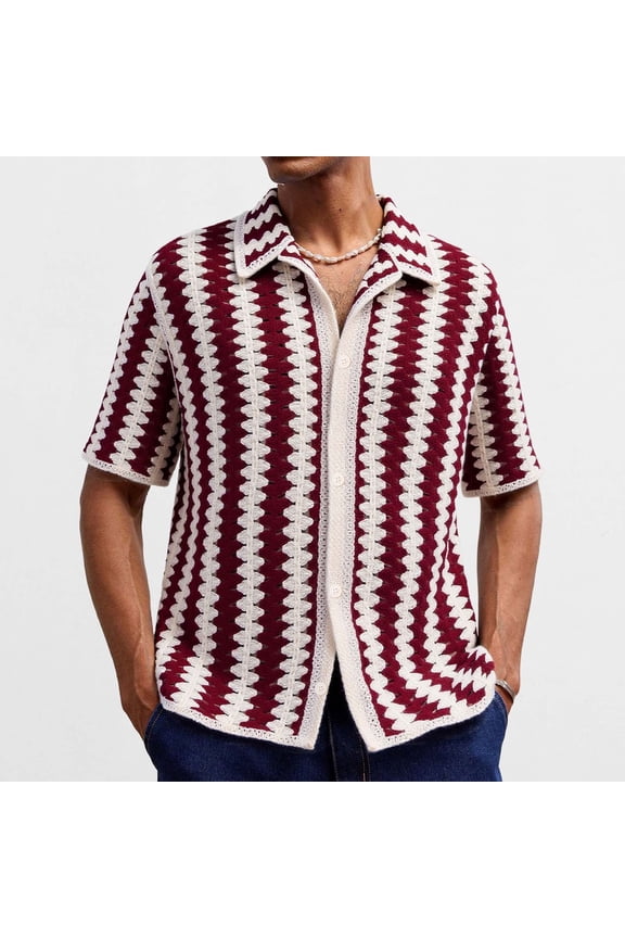 Men's Wave Stripe Jacquard Open Knit Short Sleeve Cardigan Casual Summer Top Multicolor M Gifts