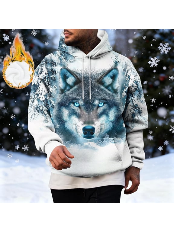 Men's Winter Wolf Totem All-Over Print Hoodie | Relaxed Fleece-Lined Casual Sweatshirt Gift