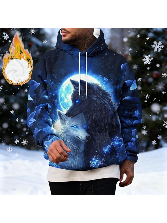 Men's Winter Wolf Totem All-Over Print Hoodie | Relaxed Fleece-Lined Casual Sweatshirt Gift