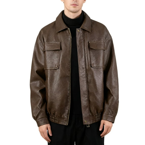 Ceisia Men's fashion casual solid color faux leather lapel zipper Gift coat pocket long sleeve outerwear