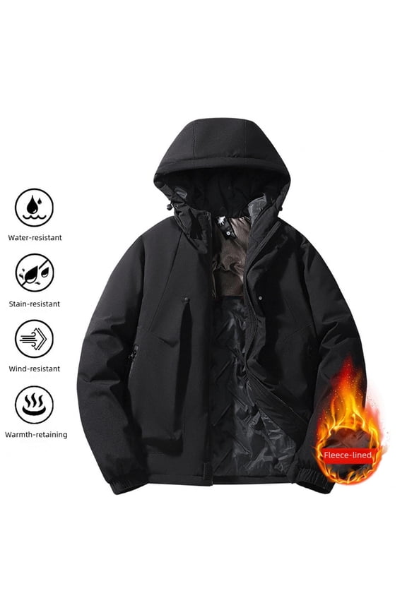 Men's solid color warm hooded zipper parka pocket outerwear Gift