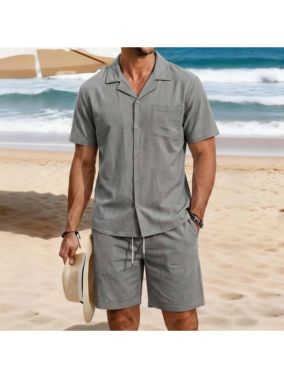 Mens 2 Piece Linen Blend Camp Collar Short Sleeve Shirt and Drawstring Shorts Set Casual Summer Outfit for Men Beach Gray M Gifts for Father