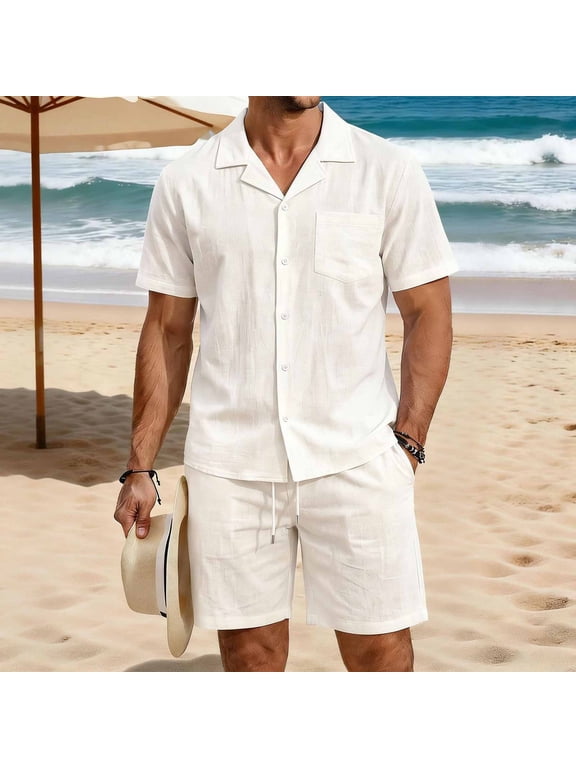 Mens 2 Piece Linen Blend Camp Collar Short Sleeve Shirt and Drawstring Shorts Set Casual Summer Outfit for Men Beach White M Gifts for Father